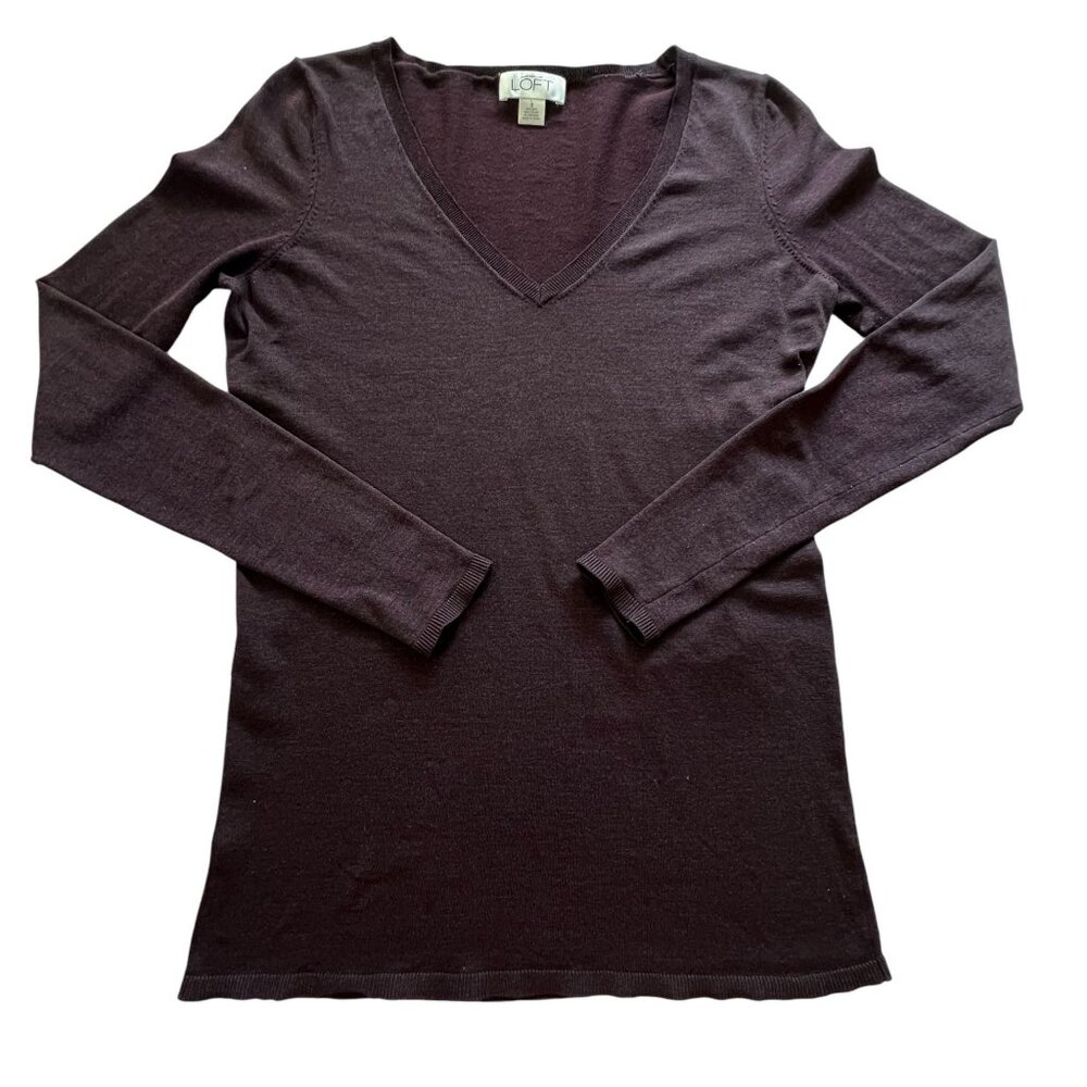 Anne‎ Taylor Loft V Neck Sweater Small Silk Blend Long Sleeve Eggplant Classic